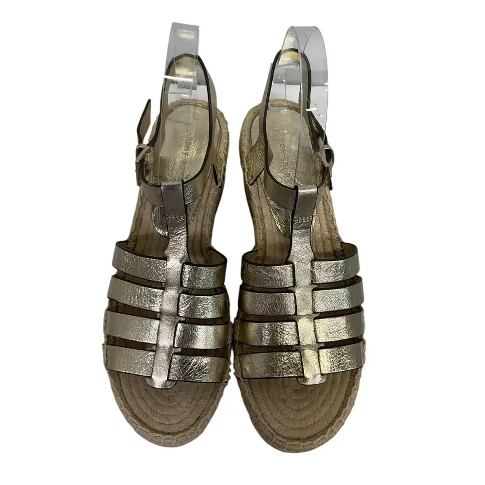 Tory Burch Metallic Spark Gold Fisherman Wedge Espadrille Sandals Size 7.5